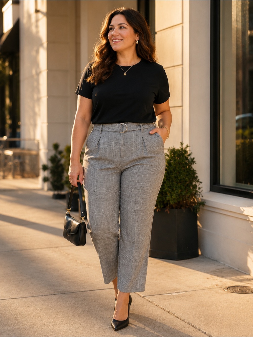 A New Day Gray Plaid Belted Ankle Pants Size 14 High Rise Workwear